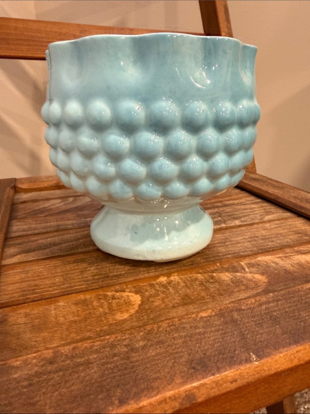 Vintage Aqua Blue Hobnail Pedestal Planter Scalloped Rim Ceramic Cachepot